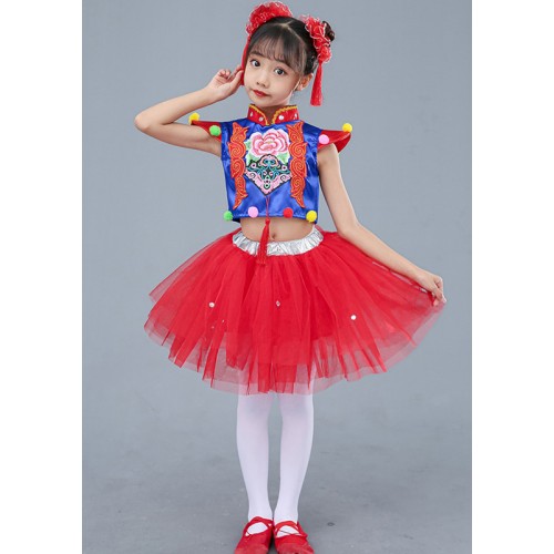 Girls kids Red Chinese Folk Dance dress Yangge drum performance clothes festive drumming new Year Celebration national Yangge Dance suit For Children